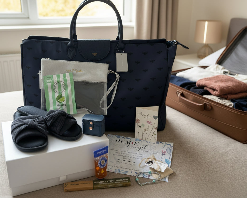Navy overnight bag with various items including slippers, a jewllery box, a bracelet, hand wash, bamboo toothbrush, make up pouch and sweets, plau a plantable card on a light surface.